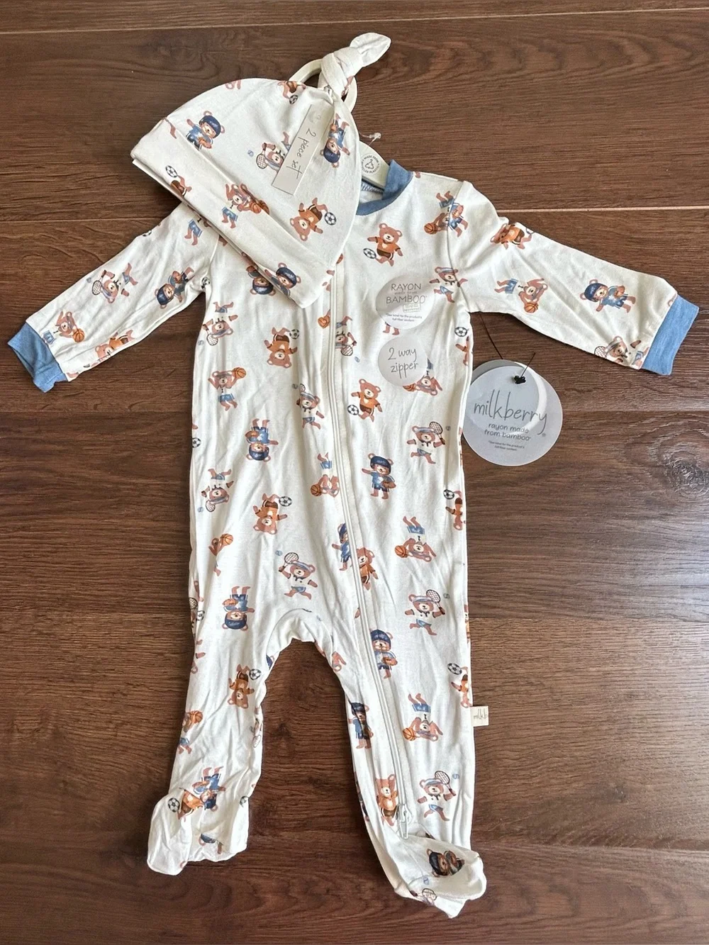 Milkberry Bamboo Footie and Hat Set Sports Bears 0-3m